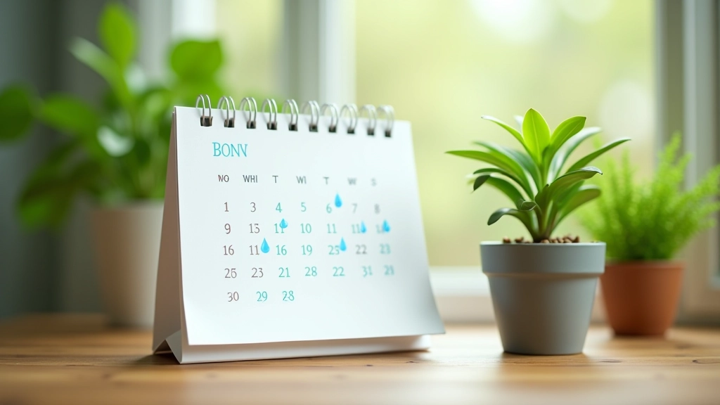 Calendar on desk with watering days marked, potted mint plant visible beside it