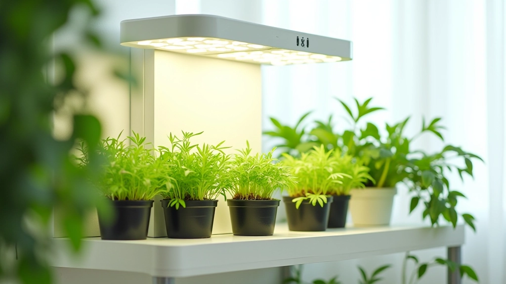 Compact herb growing station with supplemental LED lighting, multiple small pots arranged on shelves indoors
