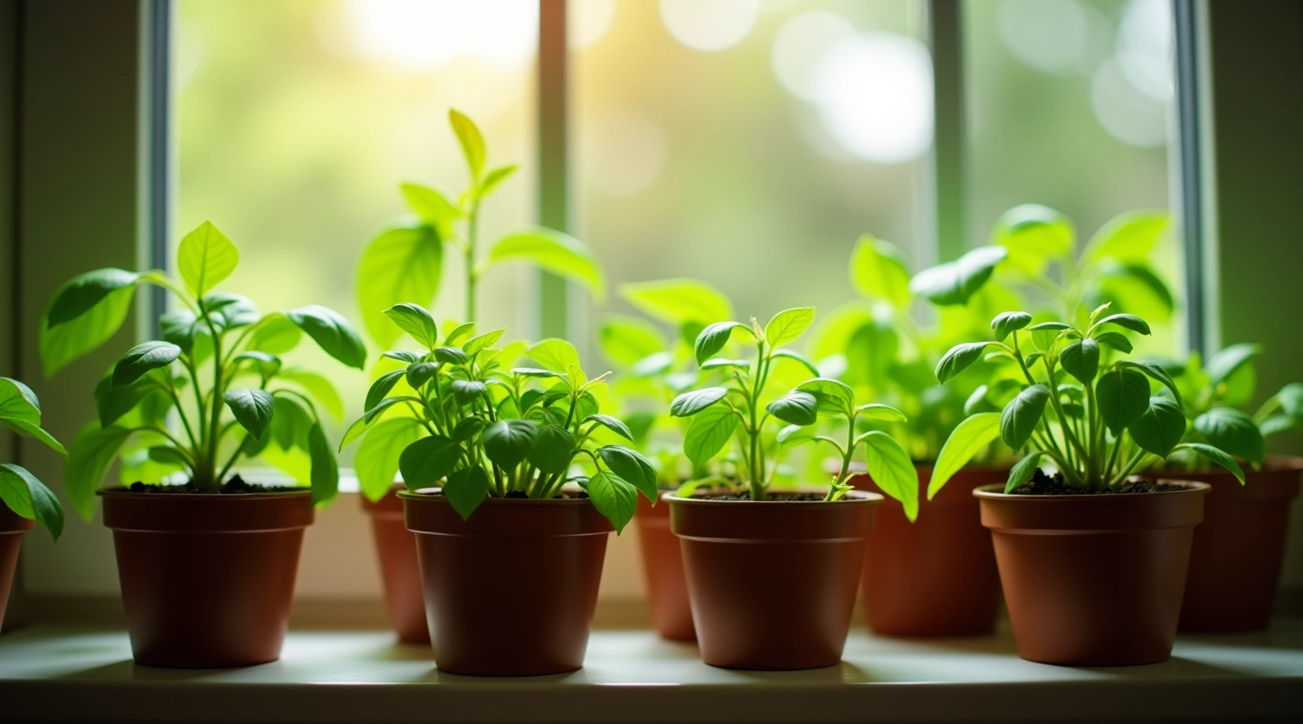 Fresh herbs growing in small pots on a Riga windowsill with filtered natural light coming through glass