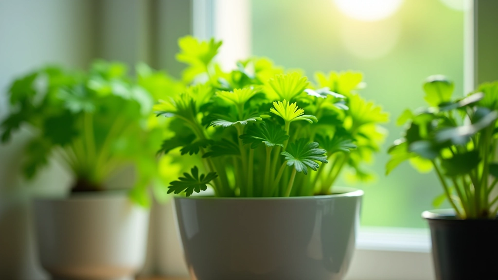 Close-up of parsley leaves with soft, filtered window light creating subtle shadows on the foliage