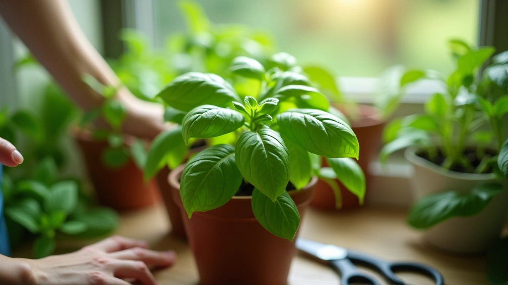 Hands harvesting fresh basil leaves from potted plant, scissors nearby