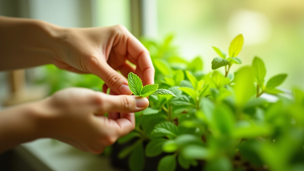 Close-up of mint plant with pinching gesture on top growth, demonstrating proper finger position for harvesting technique
