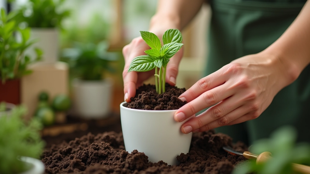 Hands carefully planting herb seedlings into soil in ceramic pots during indoor garden setup