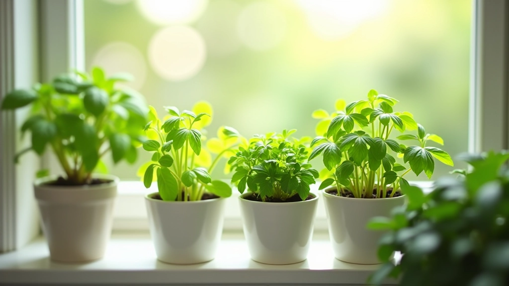 Windowsill herb garden with multiple potted herbs catching afternoon sunlight, organized planter arrangement
