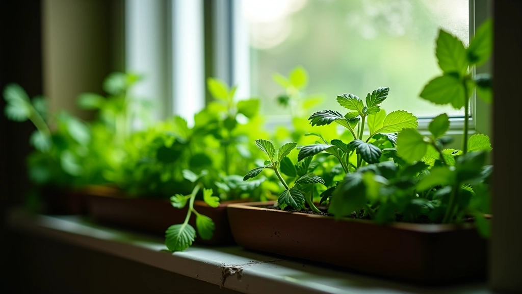 Low-light herbs growing on north-facing windowsill in Riga apartment showing parsley and mint thriving in shade
