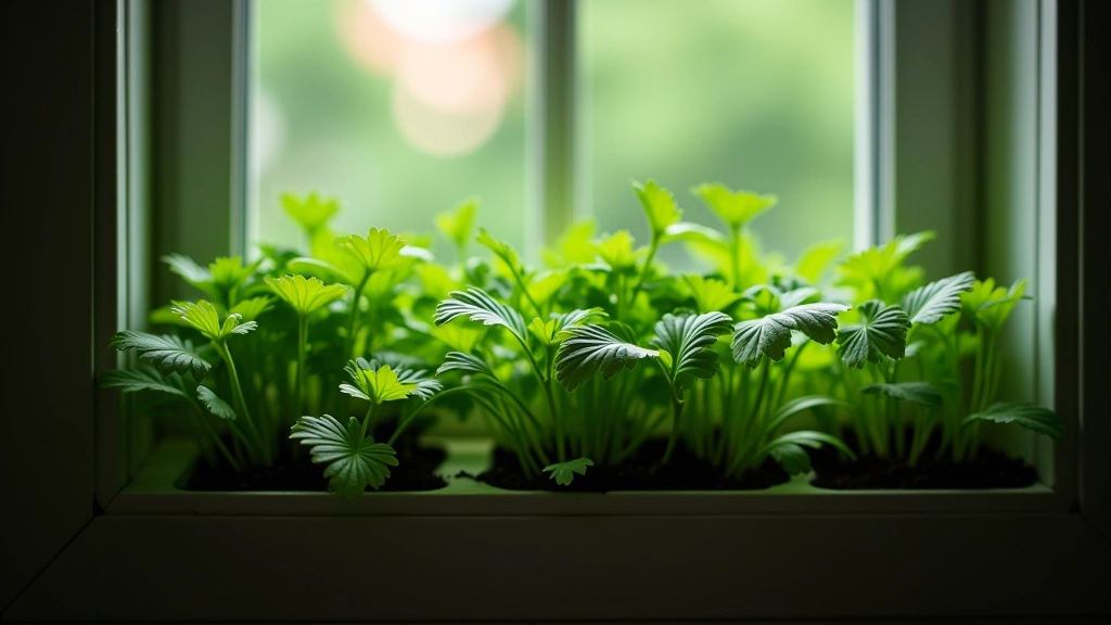 Low-light tolerant herbs (parsley, mint, chives) growing on a dim windowsill in Riga apartment