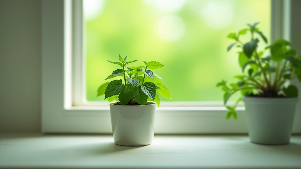 Mint plant with vibrant green leaves growing in a ceramic pot near a window with northern exposure