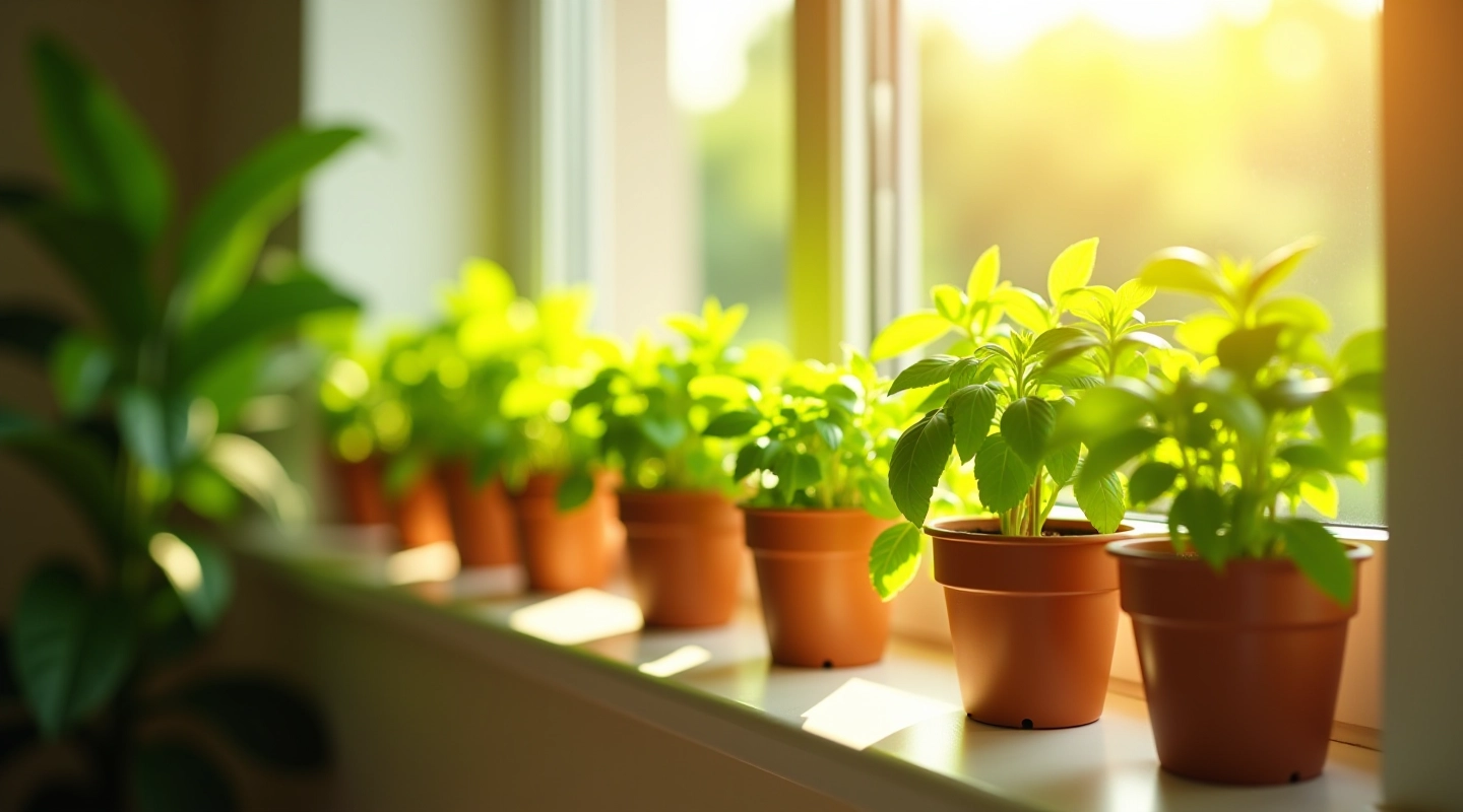 Lush green herbs growing in modern windowsill planters with natural sunlight streaming through