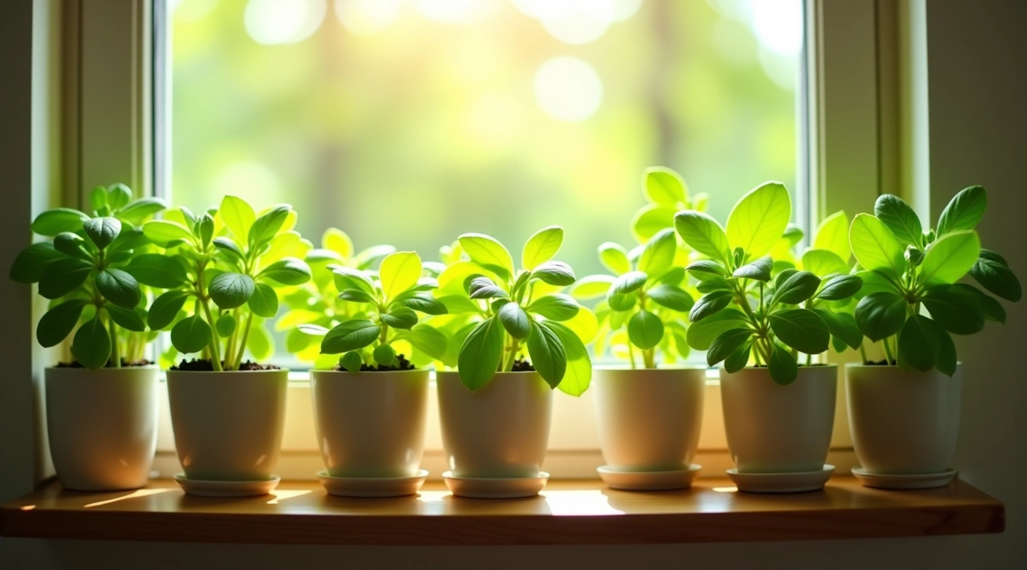 Fresh potted herbs growing on a sunny windowsill with natural light