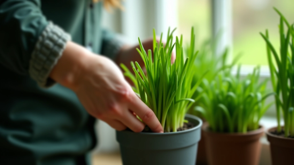 Hands harvesting fresh chives from a potted plant, showing the proper leaf-picking technique from outside to center