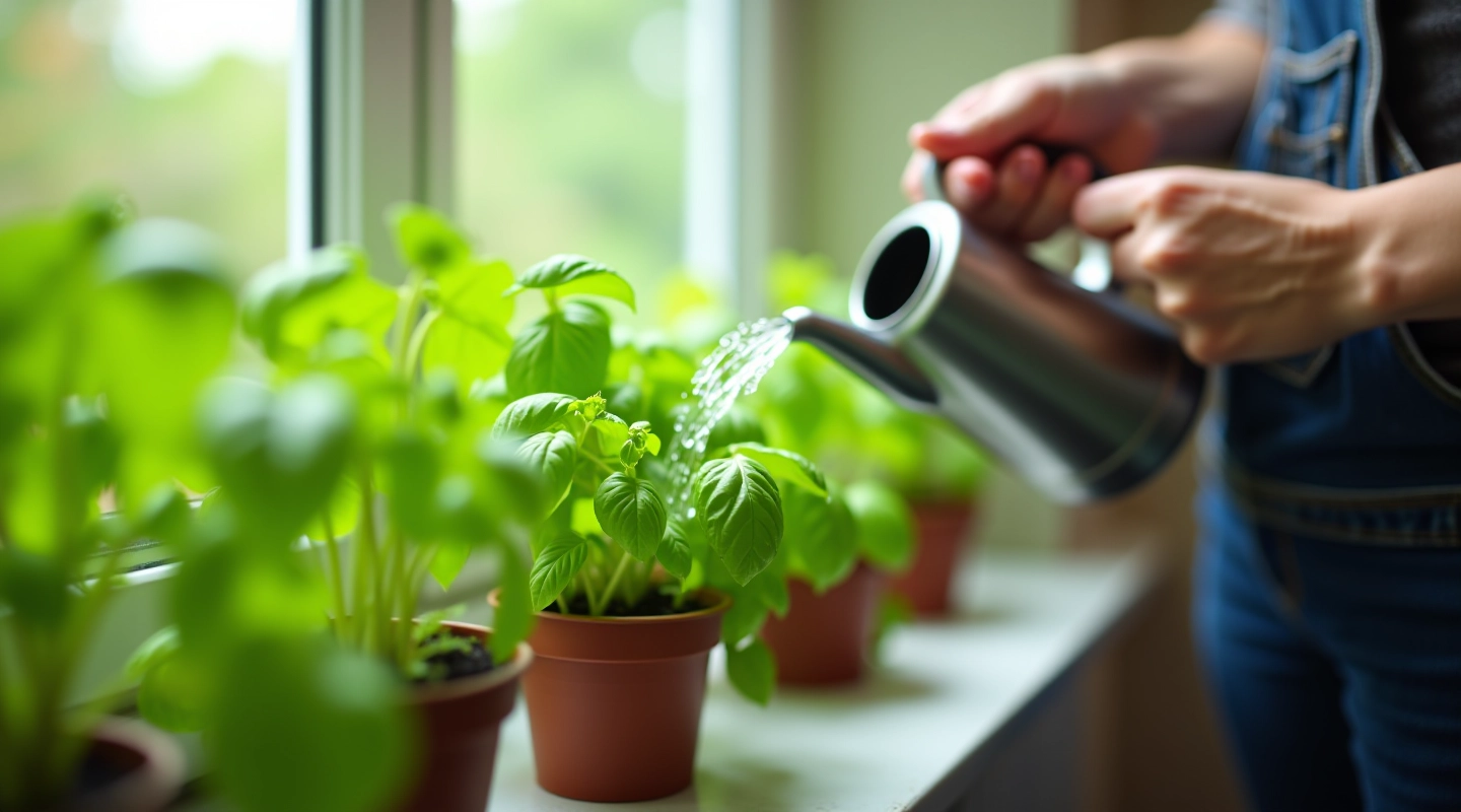 Person watering indoor herbs on a windowsill, hands holding watering can over potted basil plant