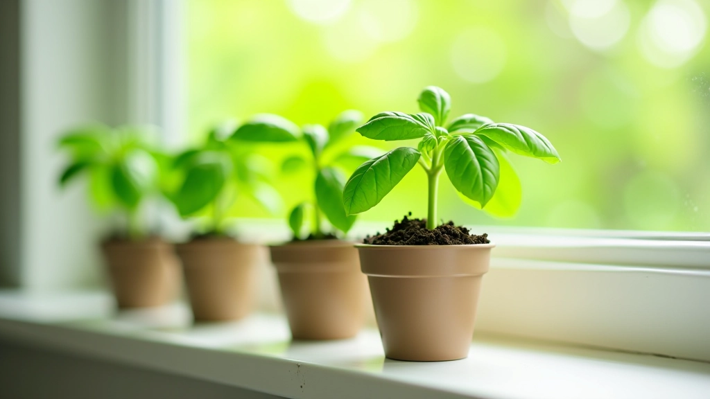 Step-by-step demonstration of herb pot setup showing drainage hole verification, soil layer placement, and newly planted basil seedling in prepared container