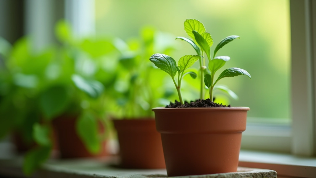 Potted herb plant with soil and drainage hole visible, showing proper container setup for indoor herbs