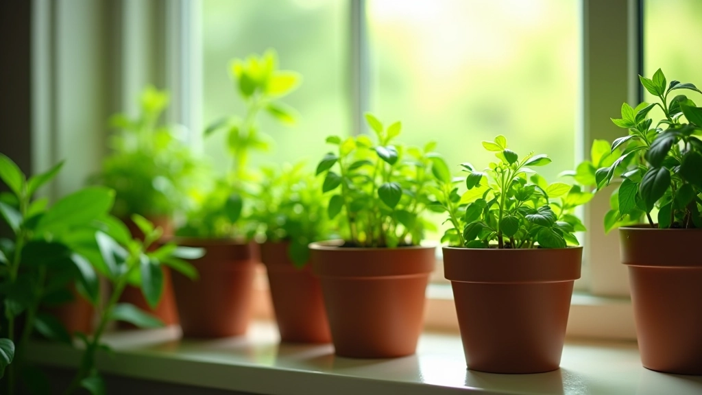 Multiple herb pots arranged on a windowsill with morning light, showing cilantro and oregano in small containers