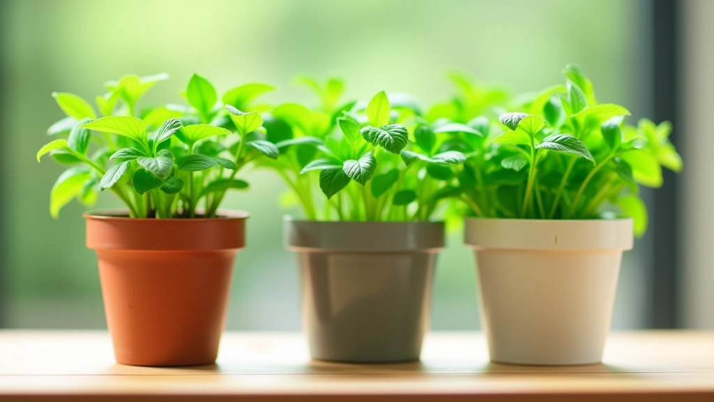 Three different herb container types arranged on wooden table: terracotta pot with fresh basil, plastic container with parsley, ceramic pot with mint, all with visible drainage holes